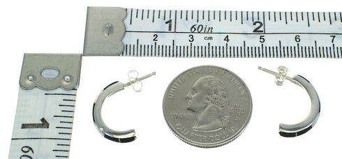 Genuine Sterling Silver Jet Opal Inlay Post Hoop Earrings RX65753